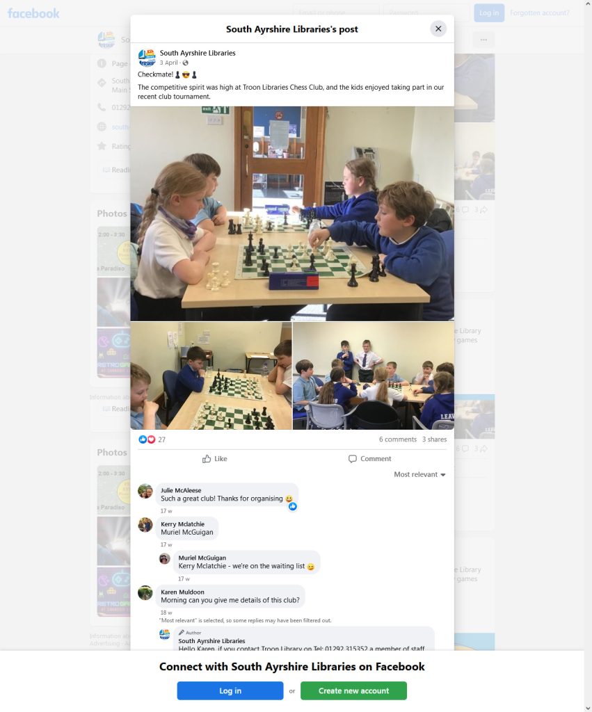 Copy of post from Facebook showing the junior chess club playing games at Troon Library