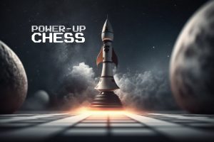 Abstract image of a rocket-shaped chess piece taking off from a chess board with power-up chess logo